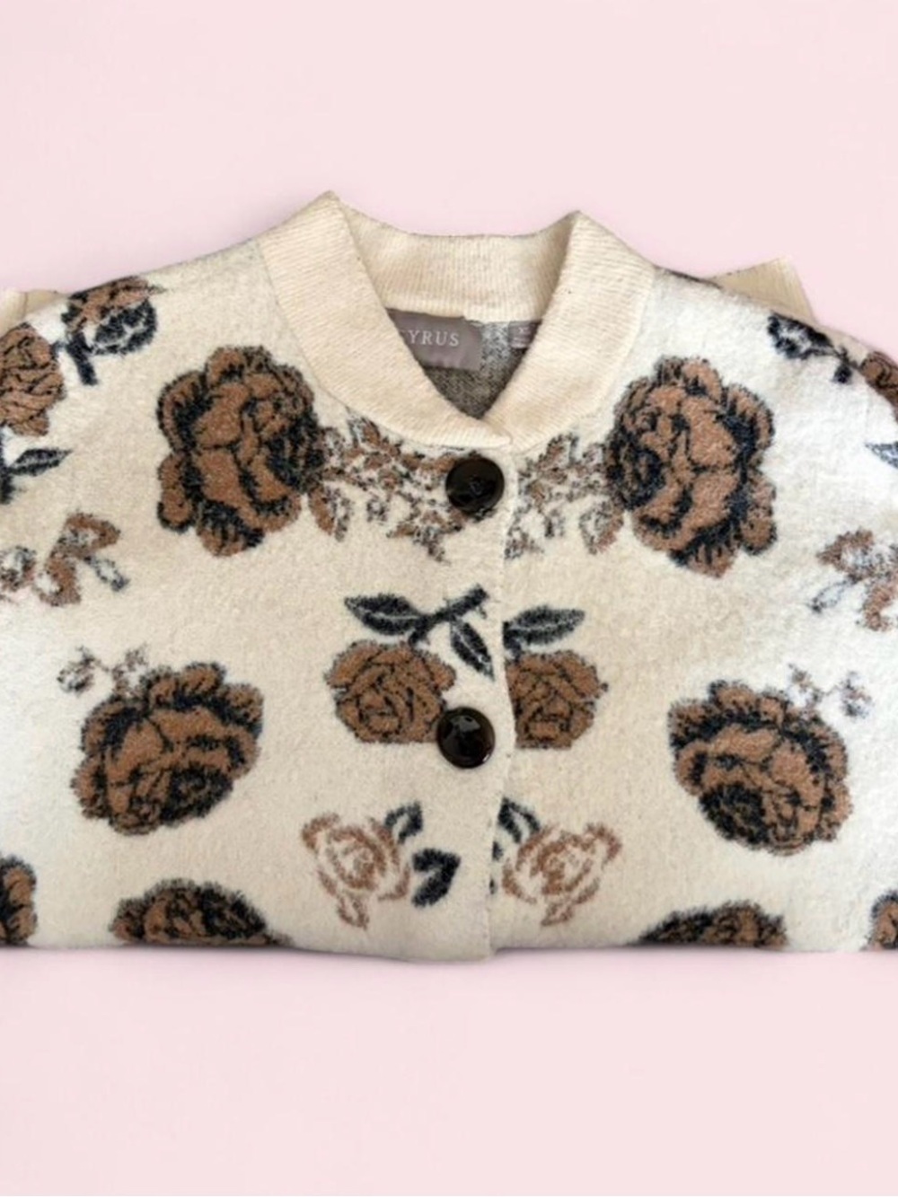 Cream Floral Cardigan with Brown Rose Print